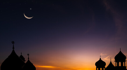 Wall Mural - silhouette dome mosques on dusk sky twilight and crescent moon, religion symbol of islamic well spac