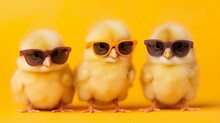 Three Lovely Little Baby Chicks With Oversized Sunglasses On Yellow Background