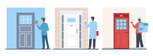 Letter Carrier, Doctor And Delivery Man Ring Doorbell. Men In Uniform Near Door, Pushing Button. Ding Dong. Male Characters Near House Or Apartment Door. Cartoon Flat Isolated Vector Set