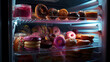 Illuminated Fridge Full of Colorful Desserts, vibrant selection of sweets and pastries, from doughnuts to macarons, brightly displayed in a refrigerator, inviting a delicious choice