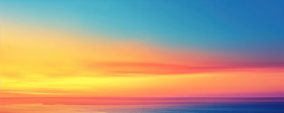 Blue, orange, yellow, vibrant Fantasy panoramic sunset sky - Gradient rich colors - ethereal dreamy summer sunset or sunrise sky. Uplifting and peaceful sky. Horizon dreamy view of the ocean sea