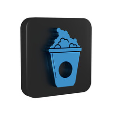 Sticker - Blue Popcorn in cardboard box icon isolated on transparent background. Popcorn bucket box. Black square button.