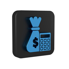 Sticker - Blue Calculator with money bag icon isolated on transparent background. Accounting sign. Calculate finance symbol. Black square button.