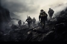 War Concept. Military Silhouettes Fighting Scene On War Fog Sky Background, A Battalion Of World War II American Soldiers Hiking Across A Harsh Terrain, AI Generated