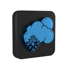 Sticker - Blue Cloud with snow and sun icon isolated on transparent background. Cloud with snowflakes. Single weather icon. Snowing sign. Black square button.