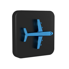 Poster - Blue Plane icon isolated on transparent background. Flying airplane icon. Airliner sign. Black square button.