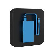 Poster - Blue Power bank with different charge cable icon isolated on transparent background. Portable charging device. Black square button.