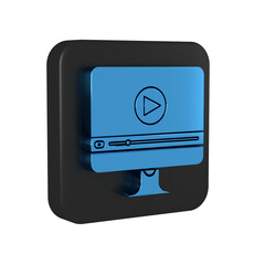 Poster - Blue Online play video icon isolated on transparent background. Computer monitor and film strip with play sign. Black square button.