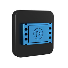 Poster - Blue Play Video icon isolated on transparent background. Film strip with play sign. Black square button.