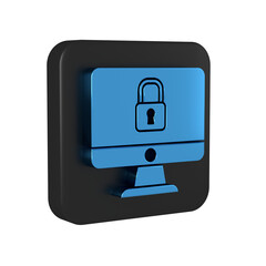 Sticker - Blue Lock on computer monitor screen icon isolated on transparent background. Security, safety, protection concept. Safe internetwork. Black square button.