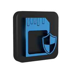 Poster - Blue SD card and shield icon isolated on transparent background. Memory card. Adapter icon. Security, safety, protection, privacy concept. Black square button.