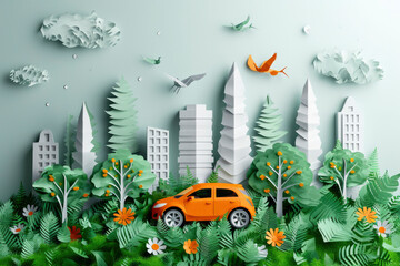 Wall Mural - concept of eco car with nature in the city.paper art and craft style