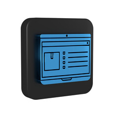 Sticker - Blue Laptop with app delivery tracking icon isolated on transparent background. Parcel tracking. Black square button.