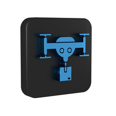 Poster - Blue Delivery drone with the package icon isolated on transparent background. Drone delivering cardboard box. Black square button.