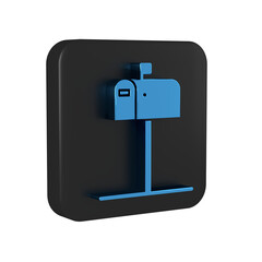 Poster - Blue Open mail box icon isolated on transparent background. Mailbox icon. Mail postbox on pole with flag. Black square button.