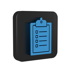 Sticker - Blue Verification of delivery list clipboard icon isolated on transparent background. Black square button.