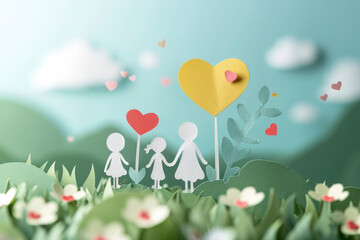 A family enjoys fresh air in the park in paper illustration, 3d paper, many hearts floating.