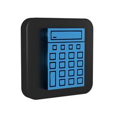 Poster - Blue Calculator icon isolated on transparent background. Accounting symbol. Business calculations mathematics education and finance. Black square button.