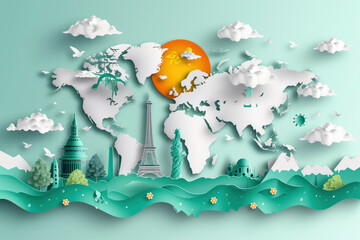 World travel landmarks with world map background, world landmark architectural monuments, tourism with paper cut