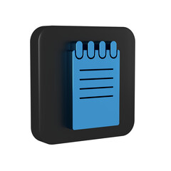 Poster - Blue Notebook icon isolated on transparent background. Spiral notepad icon. School notebook. Writing pad. Diary for business. Notebook cover design. Black square button.