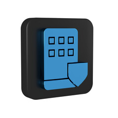 Sticker - Blue Mobile phone with shield icon isolated on transparent background. Smartphone insurance. Security, safety, protection, protect concept. Black square button.