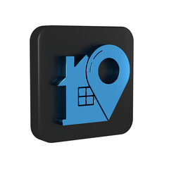 Poster - Blue Map pointer with house icon isolated on transparent background. Home location marker symbol. Black square button.