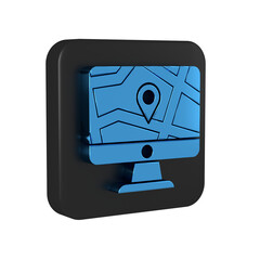 Canvas Print - Blue Computer monitor and folded map with location marker icon isolated on transparent background. Black square button.