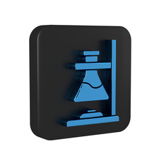 Sticker - Blue Glass test tube flask on fire heater experiment icon isolated on transparent background. Laboratory equipment. Black square button.