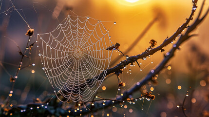 Sunset Spider Web Dewdrops