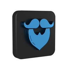 Wall Mural - Blue Mustache and beard icon isolated on transparent background. Barbershop symbol. Facial hair style. Black square button.