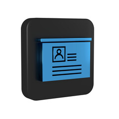 Sticker - Blue Board with resume icon isolated on transparent background. CV application. Searching professional staff. Analyzing personnel resume. Black square button.