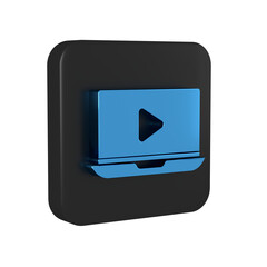 Sticker - Blue Online play video icon isolated on transparent background. Laptop and film strip with play sign. Black square button.