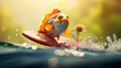 View of a Funny Riding Fish on a Surfboard in Nature's Beautiful River