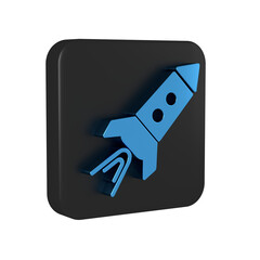 Poster - Blue Rocket ship with fire icon isolated on transparent background. Space travel. Black square button.