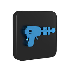 Sticker - Blue Ray gun icon isolated on transparent background. Laser weapon. Space blaster. Black square button.