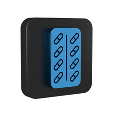 Poster - Blue Pills in blister pack icon isolated on transparent background. Medical drug package for tablet, vitamin, antibiotic, aspirin. Black square button.