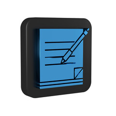 Poster - Blue Blank notebook and pen icon isolated on transparent background. Paper and pen. Black square button.