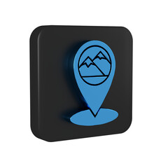 Wall Mural - Blue Map pointer with mountain icon isolated on transparent background. Mountains travel icon. Black square button.