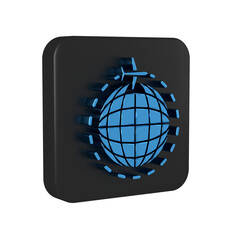 Poster - Blue Globe with flying plane icon isolated on transparent background. Airplane fly around the planet earth. Aircraft world icon. Black square button.