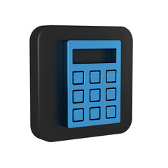 Poster - Blue Calculator icon isolated on transparent background. Accounting symbol. Business calculations mathematics education and finance. Black square button.