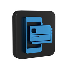 Poster - Blue Mobile phone and credit card icon isolated on transparent background. Smartphone online payment concept. NFC payment. Transfer icon. Black square button.