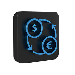 Poster - Blue Money exchange icon isolated on transparent background. Euro and Dollar cash transfer symbol. Banking currency sign. Black square button.