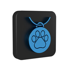 Poster - Blue Collar with name tag icon isolated on transparent background. Supplies for domestic animal. Dog or cat paw print. Cat and dog care. Pet chains. Black square button.