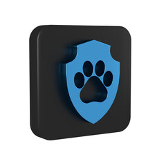 Canvas Print - Blue Animal health insurance icon isolated on transparent background. Pet protection icon. Dog or cat paw print. Black square button.