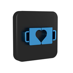 Canvas Print - Blue Two coffee cup and heart icon isolated on transparent background. Couple coffee for lovers on Valentines Day. Black square button.