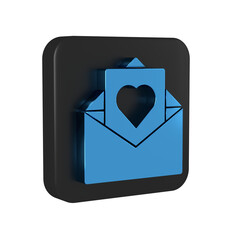 Poster - Blue Envelope with Valentine heart icon isolated on transparent background. Message love. Letter love and romance. Black square button.