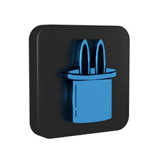 Sticker - Blue Magician hat and rabbit ears icon isolated on transparent background. Magic trick. Mystery entertainment concept. Black square button.