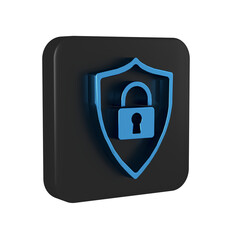 Poster - Blue Shield security with lock icon isolated on transparent background. Protection, safety, password security. Firewall access privacy sign. Black square button.