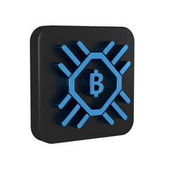 Poster - Blue CPU mining farm icon isolated on transparent background. Bitcoin sign inside processor. Cryptocurrency mining community. Digital money. Black square button.