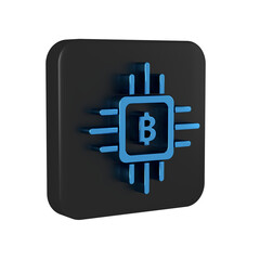 Poster - Blue CPU mining farm icon isolated on transparent background. Bitcoin sign inside processor. Cryptocurrency mining community. Digital money. Black square button.